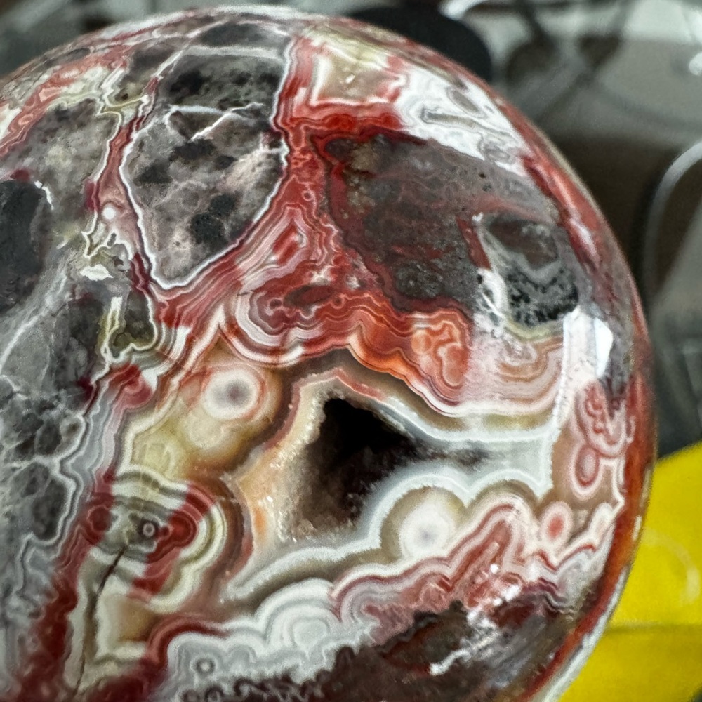 Mexican crazy lace agate sphere, beautiful color and amazing pattern